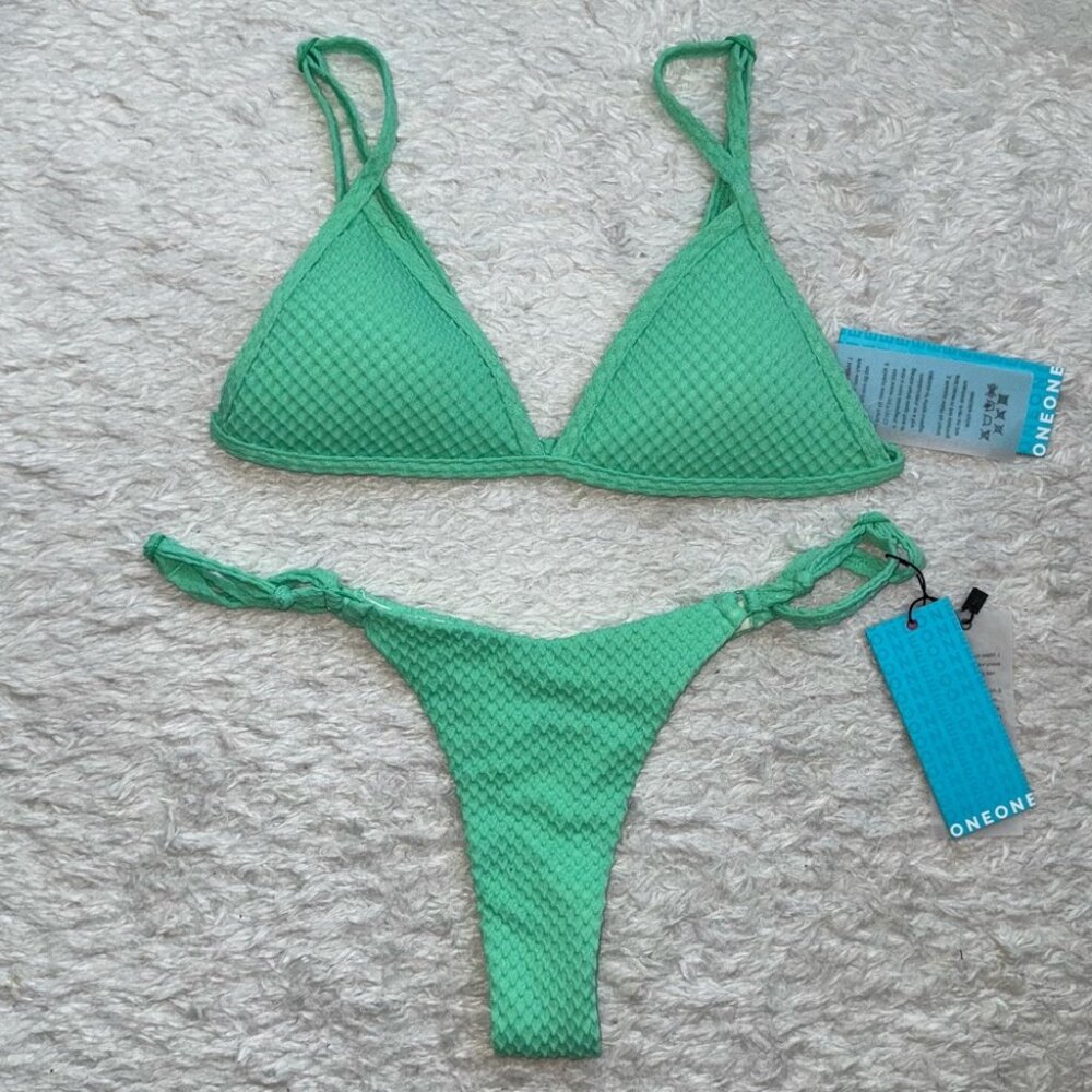 NWT OneOne Swimwear Bikini SET Green Texture Jade Small Skimpy Mint Elsie Laura